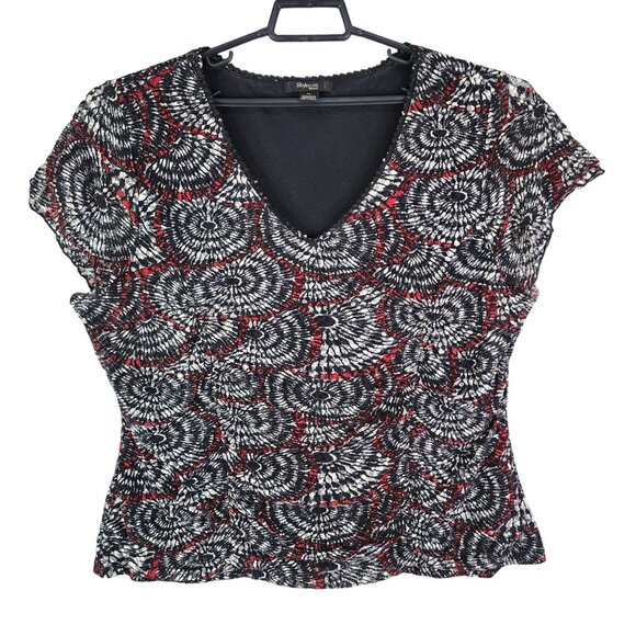 Woman Style & Co Top Shirt V-Neck Short Sleeve Red & Black Abstract Pattern 3X - Picture 1 of 11